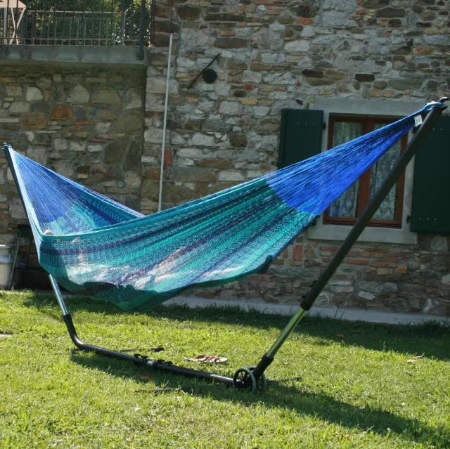 Cuba Gigante stand with mexican net hammock caribe blue 3 persons by MacaMex MA-90874 color blau